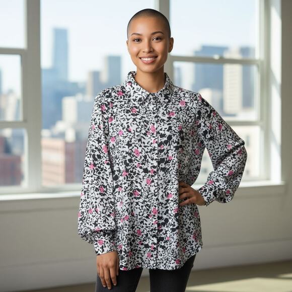Karl Lagerfeld Paris Women Logo Print High Low Button Down Shirt Large Top - Picture 1 of 8